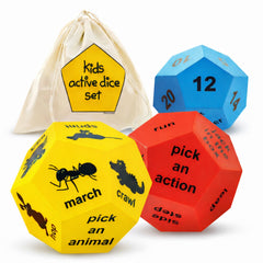 Covelico Kids Exercise Dice Set (3 Pack, 12-Sided Foam Dice) – Animals, Actions & Numbers