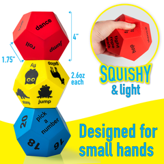 Covelico Kids Exercise Dice Set (3 Pack, 12-Sided Foam Dice) – Animals, Actions & Numbers