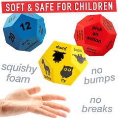 Covelico Kids Exercise Dice Set (3 Pack, 12-Sided Foam Dice) – Animals, Actions & Numbers