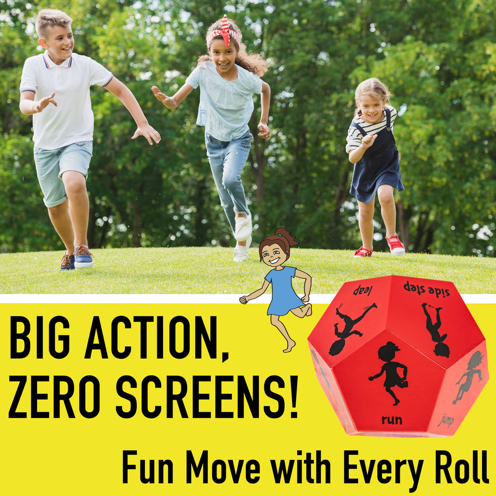 Children playing outdoors with a red dice featuring movement illustrations, surrounded by greenery.