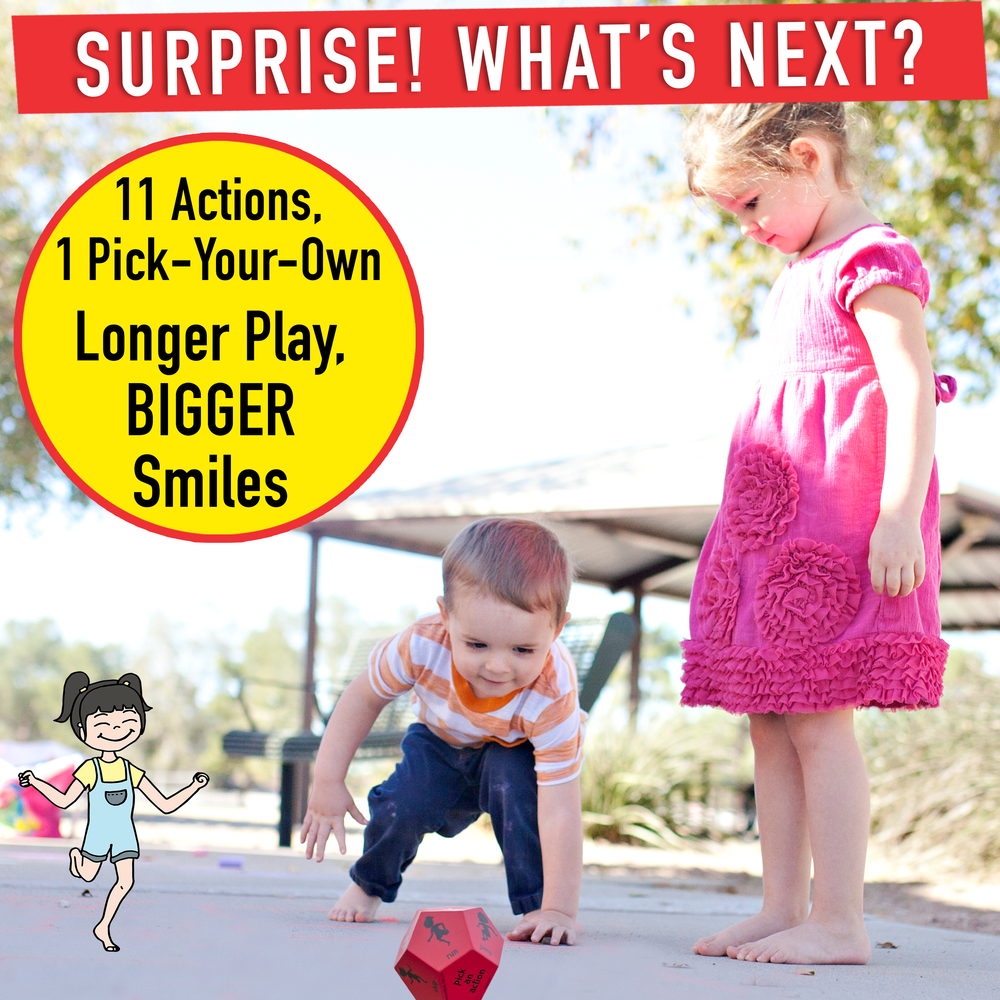 Two children playing outdoors with text about actions and playtime.