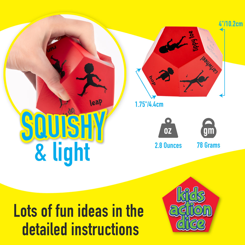 Red action dice with black silhouettes and measurement details on a yellow and white background.