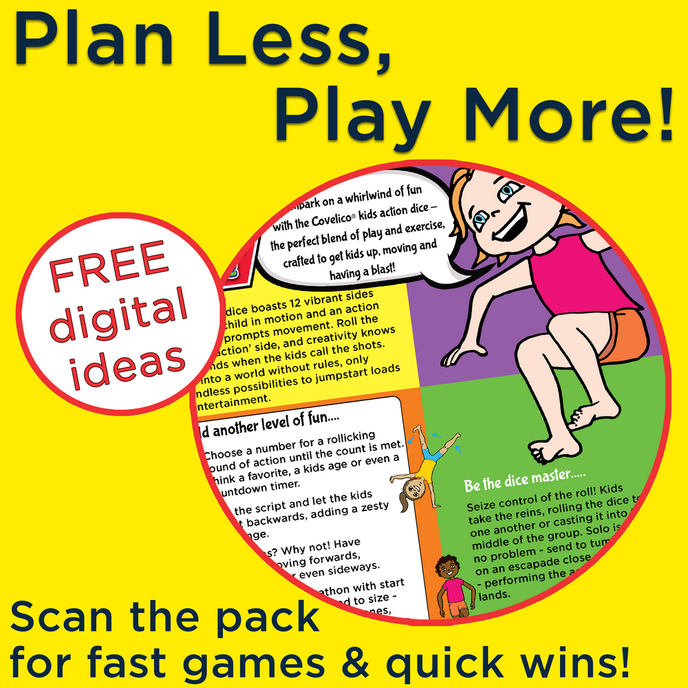 Promotional graphic for a dice game with text 'Plan Less, Play More!' and a child playing.