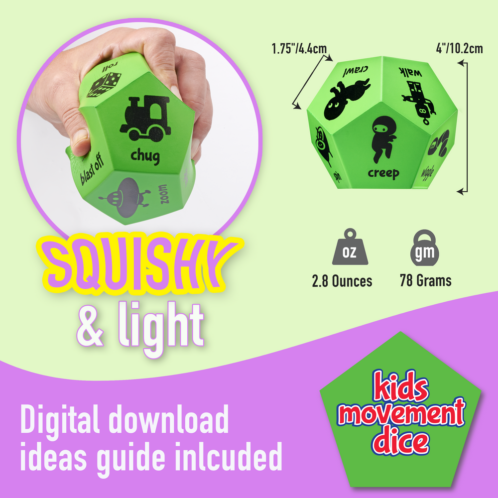 Green kids movement dice with text and measurements on a green and purple background