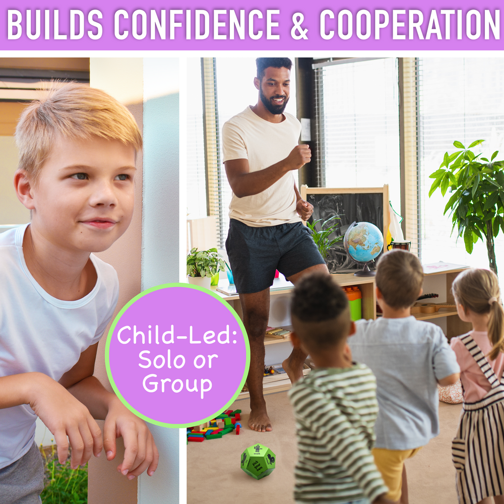 Collage of a child playing with toys, a man standing with children, and text about confidence and cooperation.