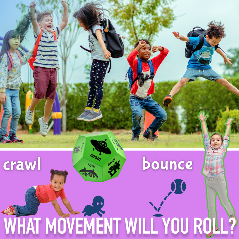 Children playing outdoors with a green toy cube labeled 'Zoo' and text about movement.
