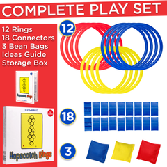 Covelico Hopscotch Rings Set (12 Rings + 18 Connectors + 3 Bean Bags) – Indoor/Outdoor Obstacle Course Game