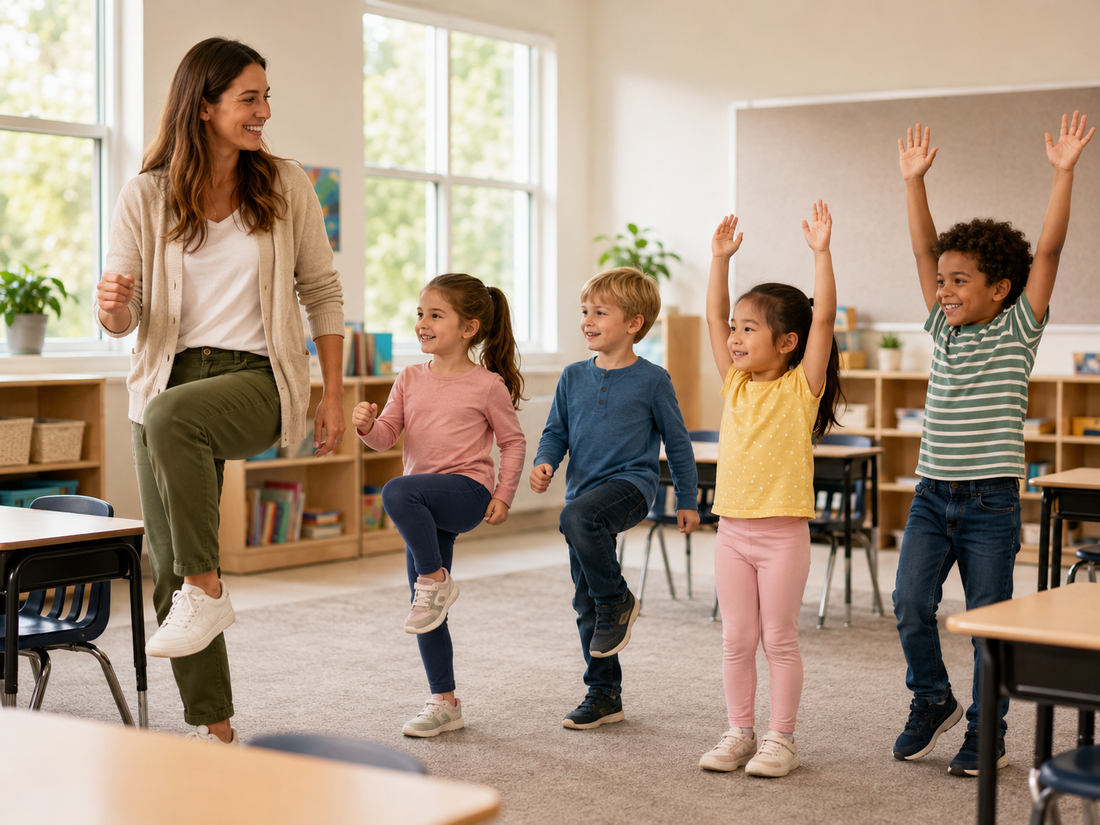 Elementary students doing a quick movement activity between lessons