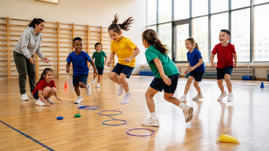 Kids running a fun PE warm-up game in a school gym