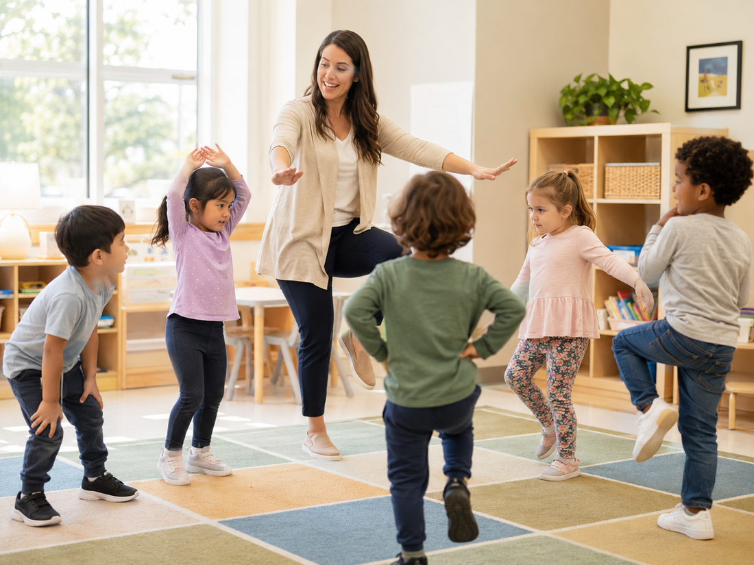 Kindergarten kids doing a quick movement brain break in the classroom