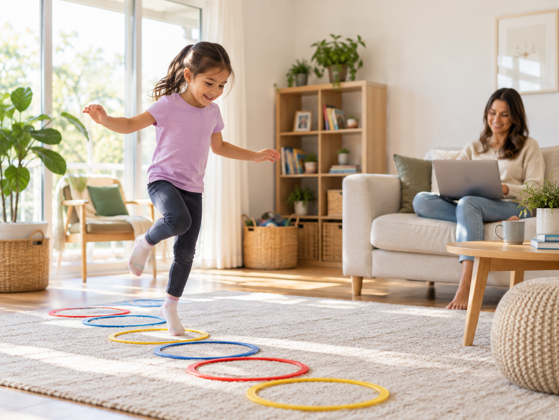 Girl hopping through colorful hopscotch rings, an active play gift for kids who can't sit still