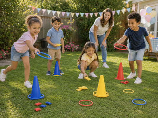 Colorful cones, rings, and bean bags set up for kids active play games