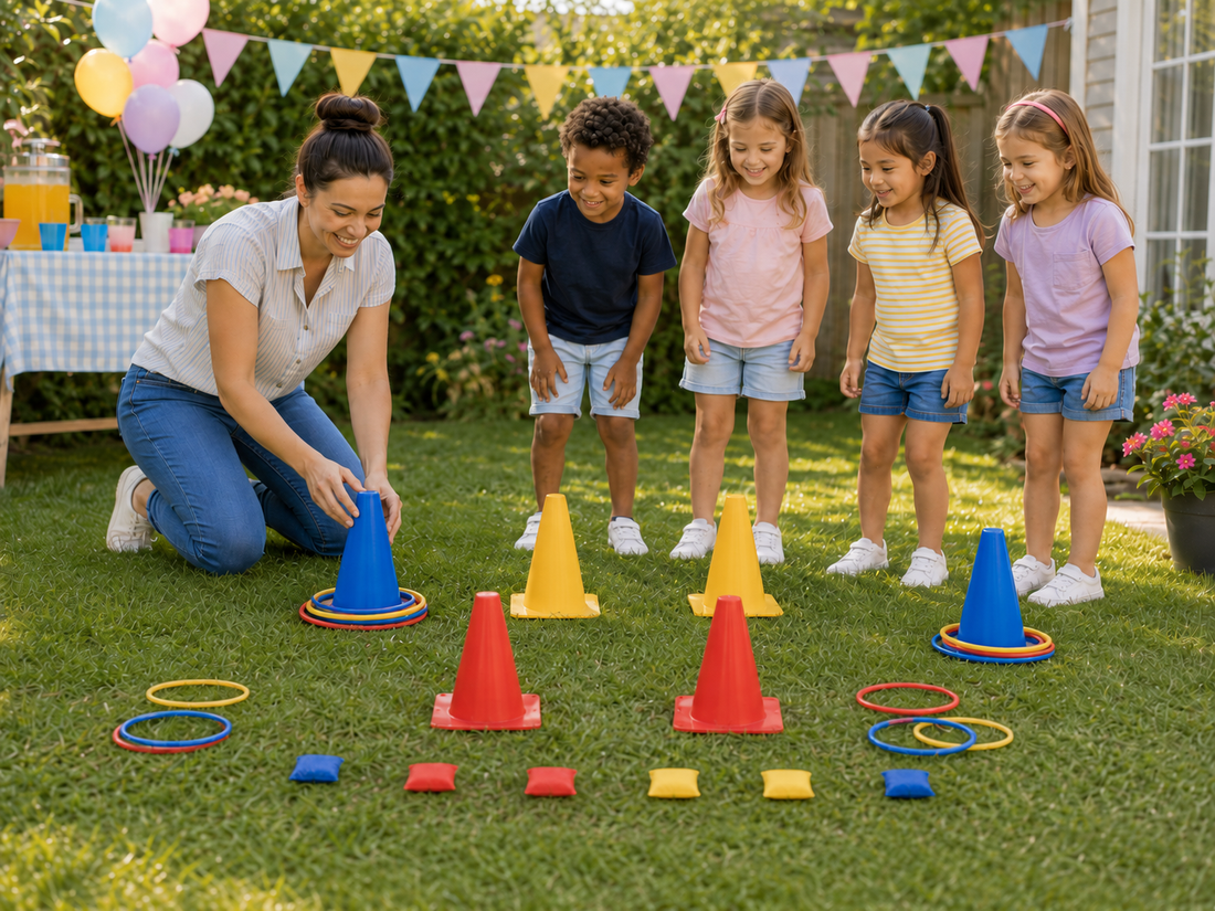 Kids playing ring toss with cones and rings at a backyard party