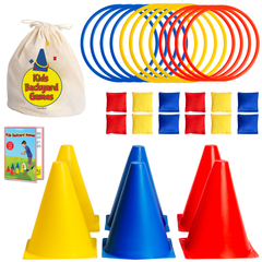 Covelico Kids Ring Toss & Bean Bag Toss Game (30-Piece Set) – 6 Cones, 12 Rings, 12 Bean Bags