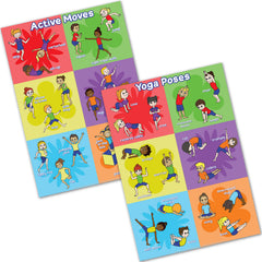 Two educational posters for children showing 'Active Moves' and 'Yoga Poses'.