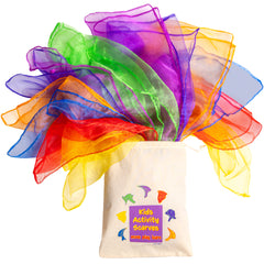 Colorful sheer scarves with a white bag labeled 'Kids Activity Scarves' on a white background