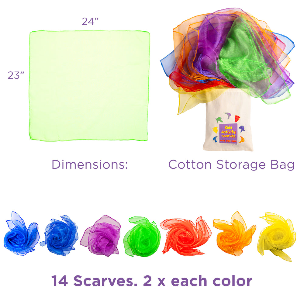 Colorful scarves with dimensions and storage bag on a white background