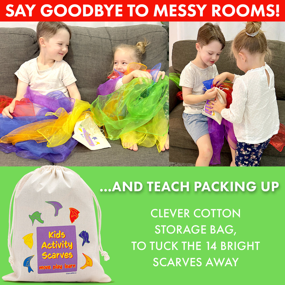 Children playing with colorful scarves on a couch, with text promoting a storage bag for scarves.