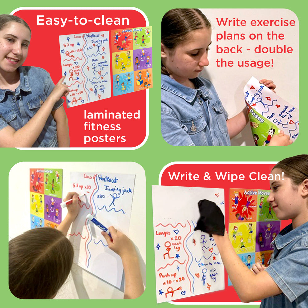 Laminated fitness posters being used by children with text highlighting features like 'easy-to-clean' and 'write & wipe clean'.