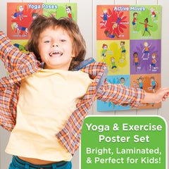 Child in a plaid shirt with arms outstretched in front of educational posters on a white wall.