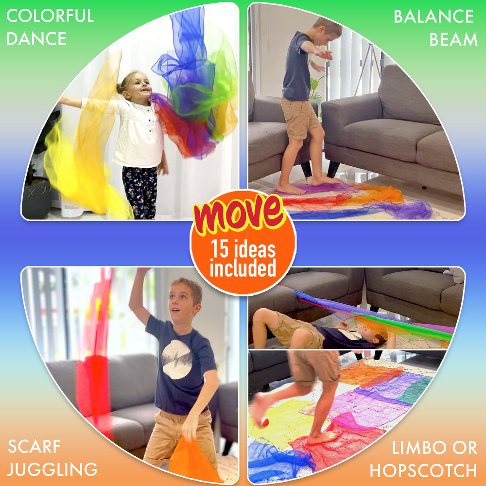 Children engaging in various activities with colorful scarves and mats, including dance, balance beam, scarf juggling, and limbo or hopscotch.