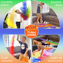 Children engaging in various activities with colorful scarves and mats, including dance, balance beam, scarf juggling, and limbo or hopscotch.
