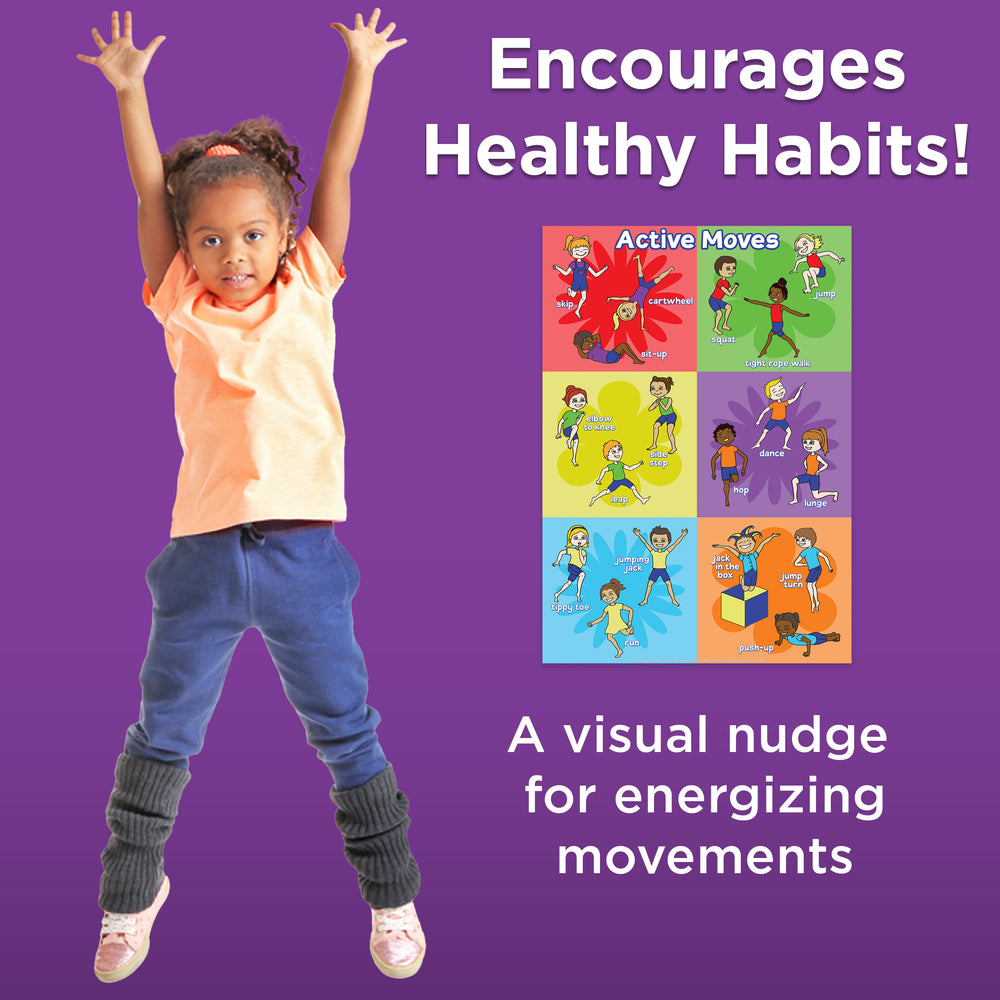 Child jumping with 'Encourages Healthy Habits!' text and activity book covers on a purple background