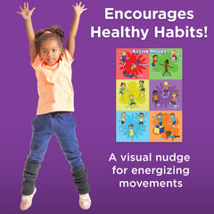 Child jumping with 'Encourages Healthy Habits!' text and activity book covers on a purple background