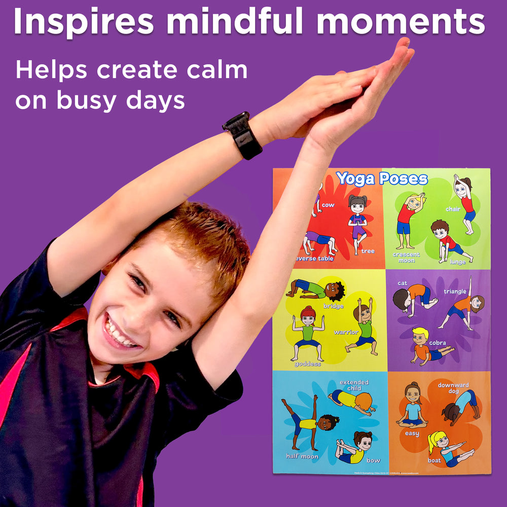 Child stretching with a yoga poses poster on a purple background