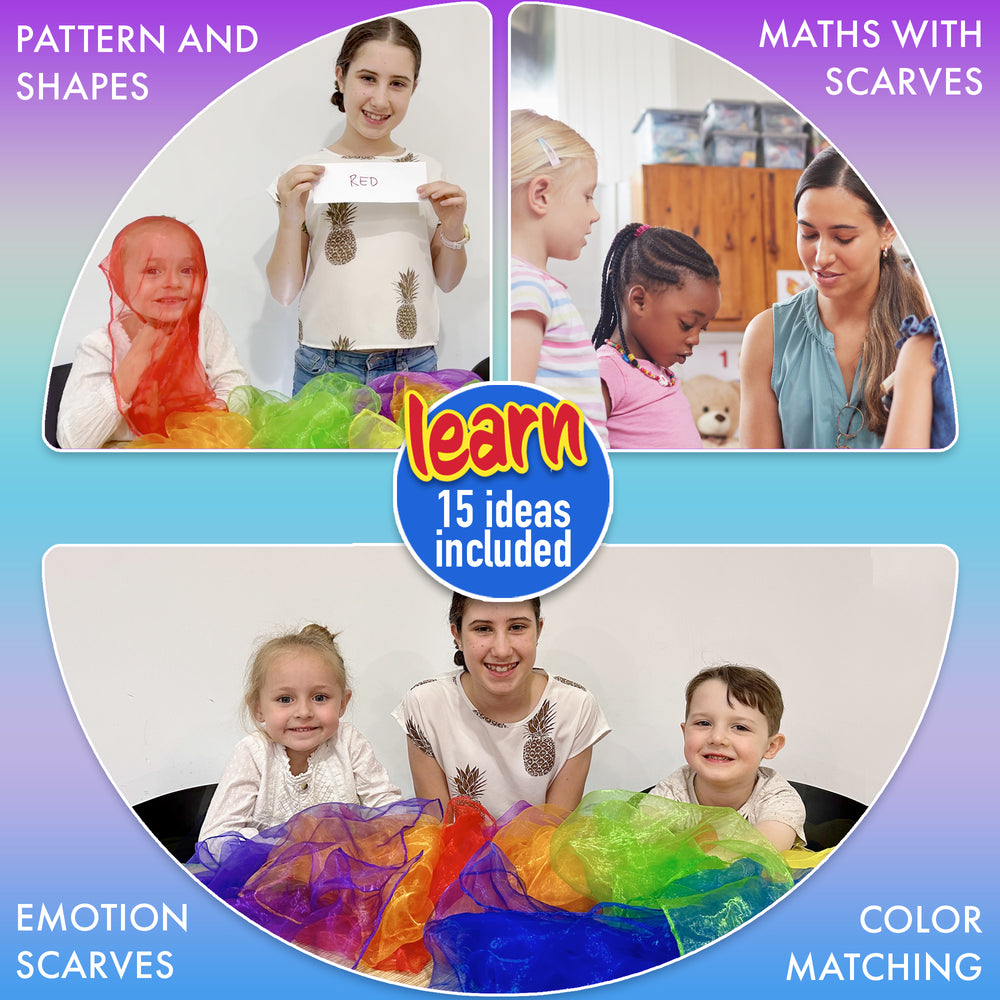Collage of educational activities with children using scarves, including pattern and shapes, maths with scarves, emotion scarves, and color matching.