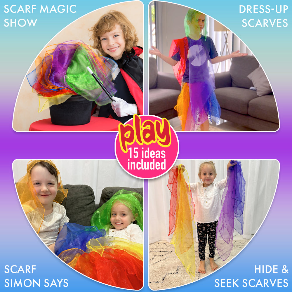 Children playing with colorful scarves in various activities on a gradient background.