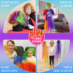 Children playing with colorful scarves in various activities on a gradient background.