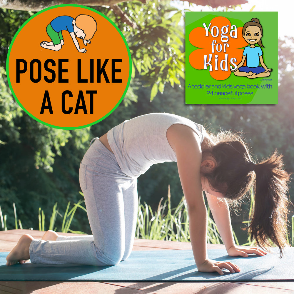 Child doing yoga pose with 'Pose Like a Cat' and 'Yoga for Kids' book images.