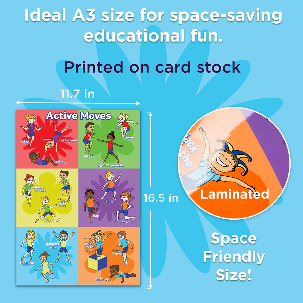 Educational posters for children with dimensions and material information on a blue background