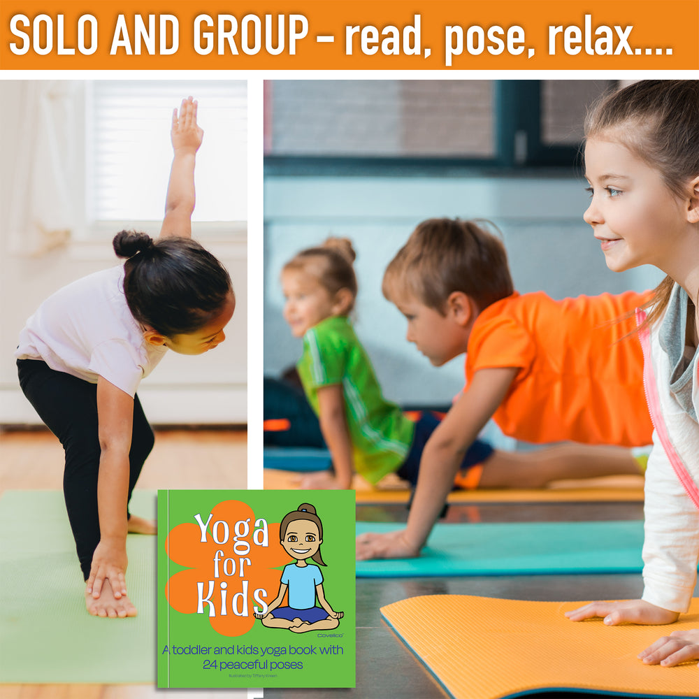 Children practicing yoga with a 'Yoga for Kids' book in the foreground.