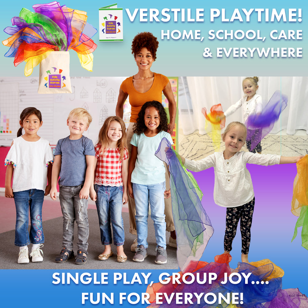Children playing with colorful scarves and a woman standing behind them, with promotional text about versatile playtime solutions.