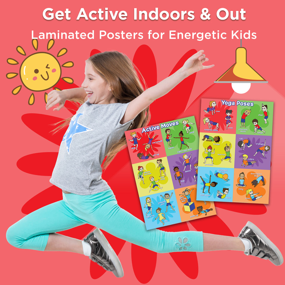 Laminated posters for energetic kids with a child jumping and sun illustration on a red background.