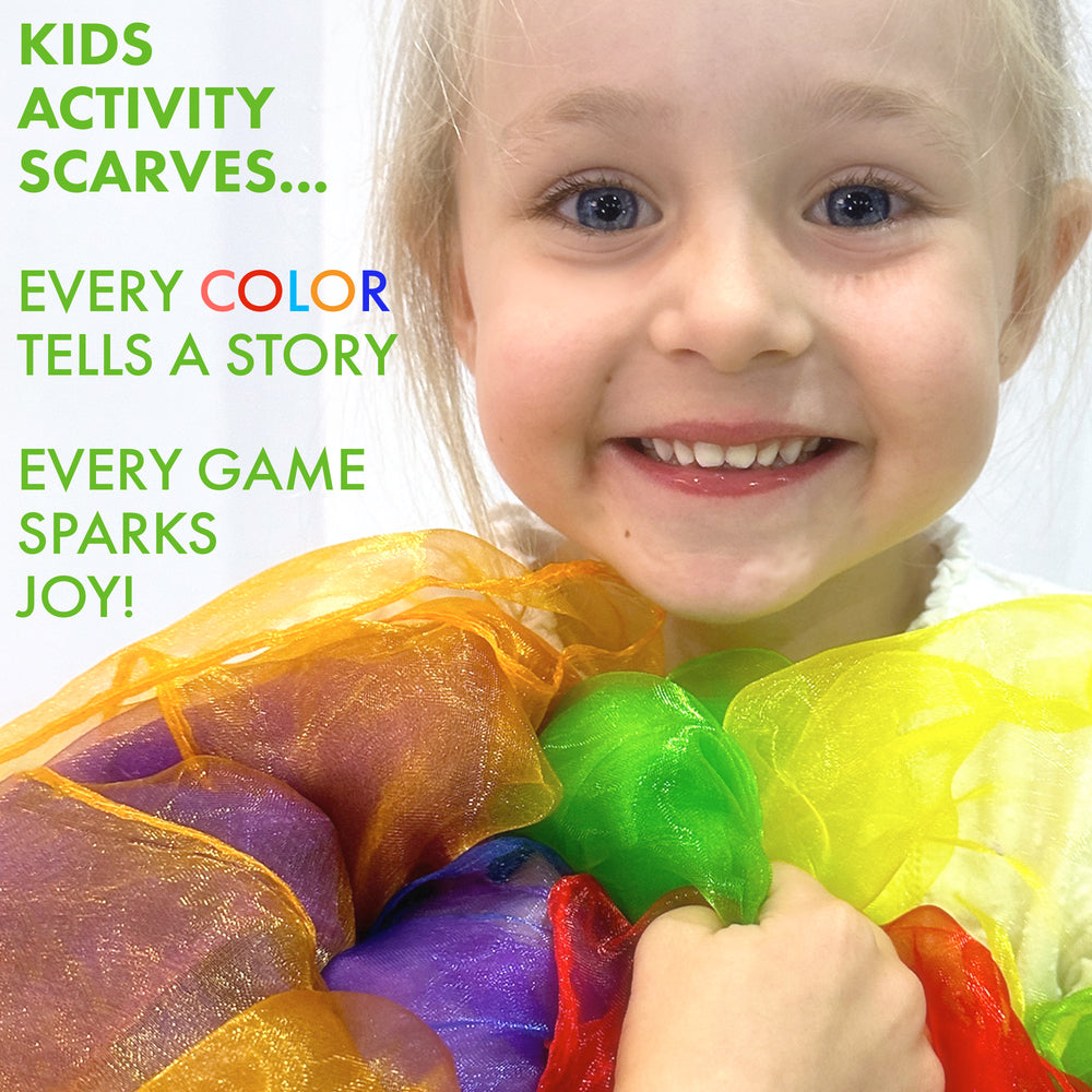 Child holding a colorful kids activity scarf with text about scarves telling stories and sparking joy.