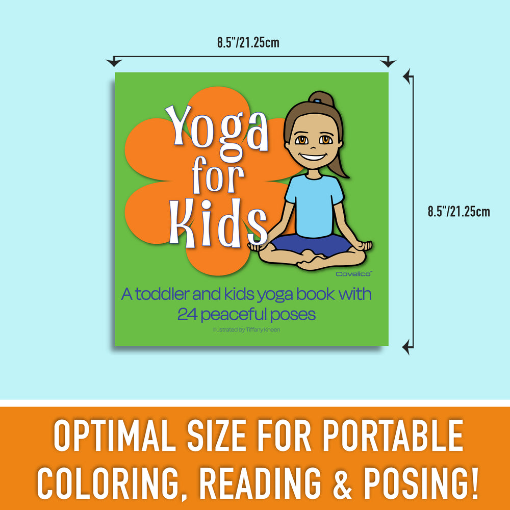 Book cover of 'Yoga for Kids' with dimensions and text on a light blue background
