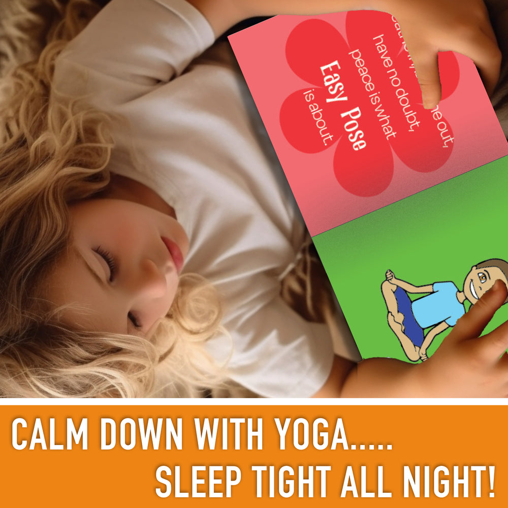 Child lying down with a yoga card and text promoting yoga for better sleep.