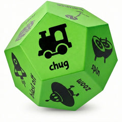 Green die with black symbols and text on a white background