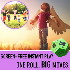 Child with cardboard wings and a green die, with text promoting screen-free play.