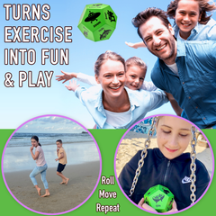 Family playing with a green toy on a beach, with text promoting exercise as fun and play.