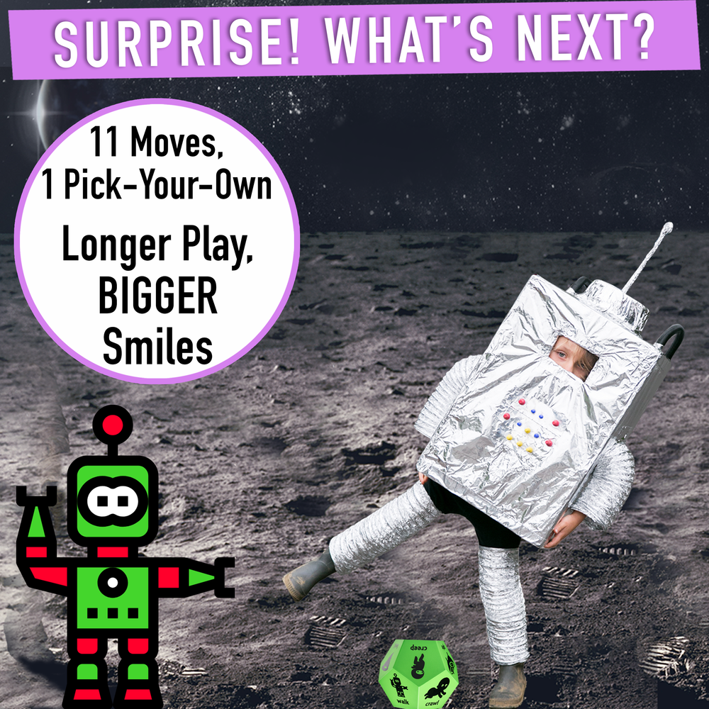 Person in an astronaut suit on the moon with promotional text and a robot graphic.