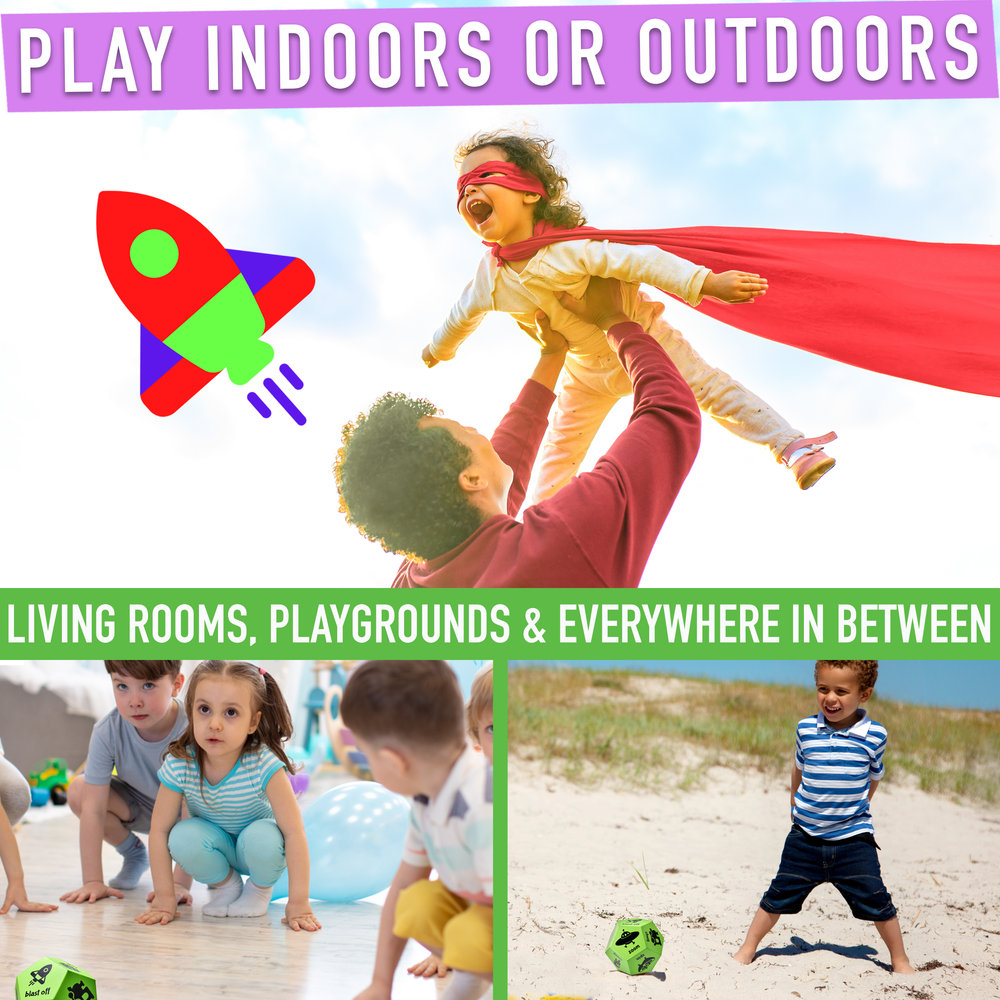 Children playing indoors and outdoors with a rocket graphic and text about play locations.