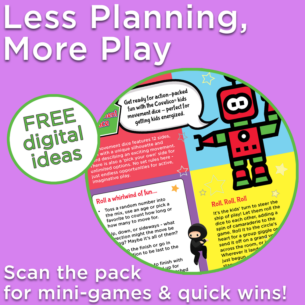 Promotional graphic for 'Less Planning, More Play' with a robot illustration on a purple background.
