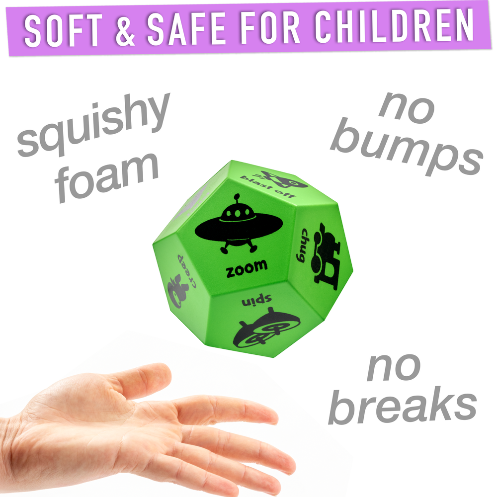 Green foam cube with text about its properties and a hand holding it.