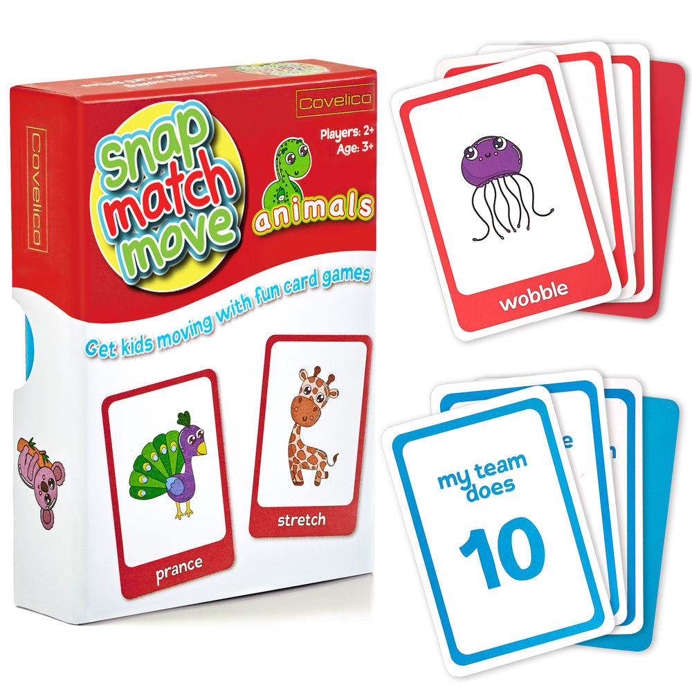 Children's animal card game set with colorful cards and packaging on a white background