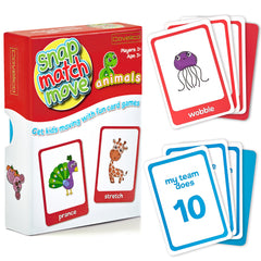 Children's animal card game set with colorful cards and packaging on a white background