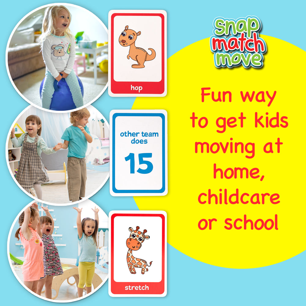 Children playing with animal movement cards labeled 'hop' and 'stretch' on a blue background with text saying "fun way to get kids moving at home, school or childcare'.